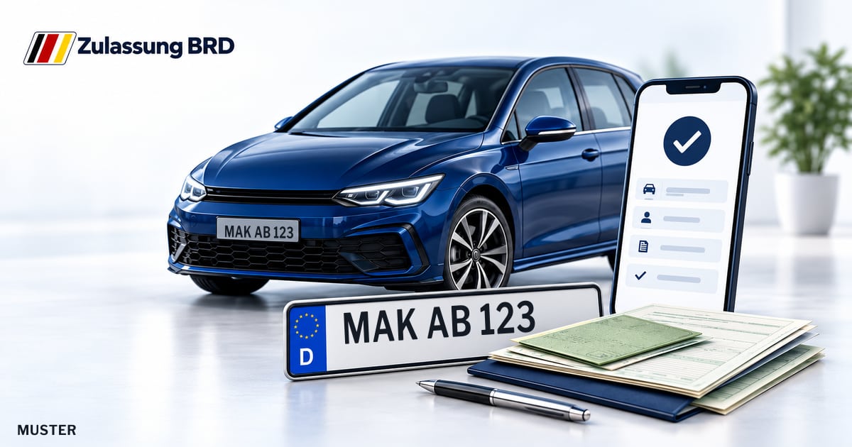 Online Fahrzeugzulassung in Marktredwitz: Musterkennzeichen MAK AB 123, Auto und Fahrzeugpapiere und Smartphone. Illustration mit Logo von Zulassung BRD.